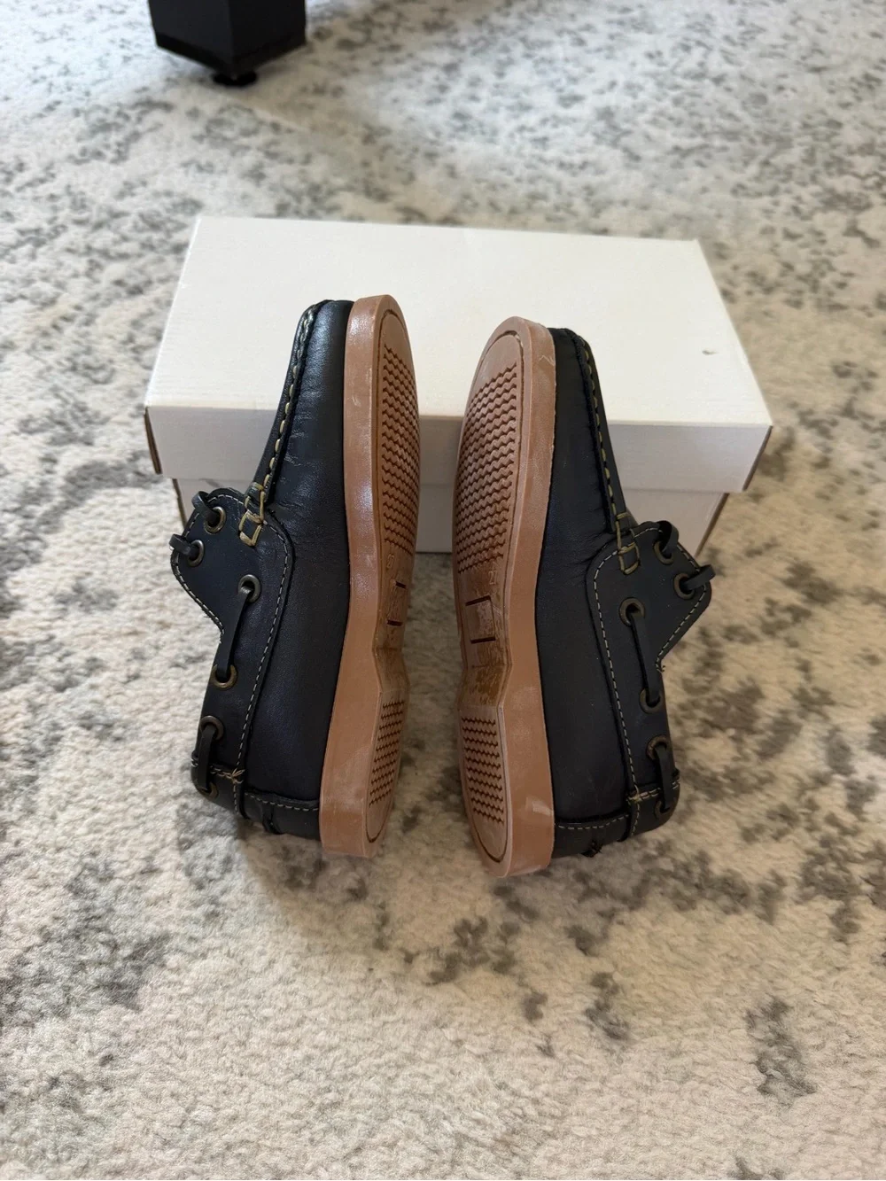 Kids Navy Leather Boat Shoes with Tan Sole